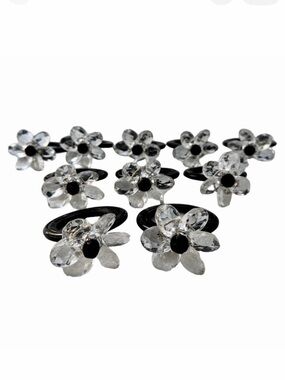 Pier 1 Set of 10 Glass Daisy Flower Napkin Rings Black Clear EUC